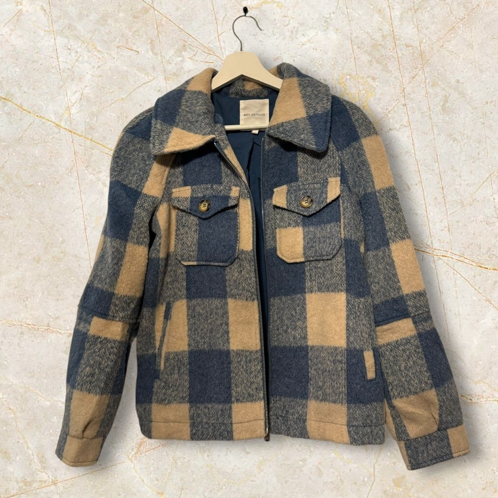 Avec Les Filles Blue and Tan Plaid Jacket